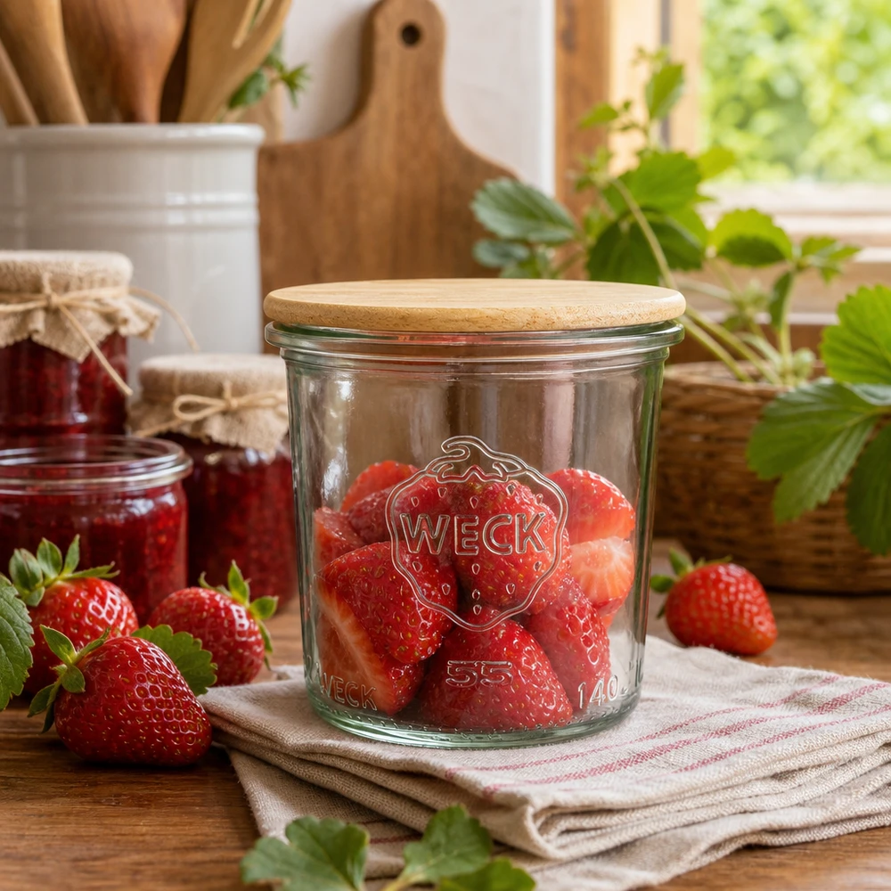 Kubki 140 ml WECK RR60 z drewnianą pokrywką Kubki WECK 140ml RR60 wypełnione świeżymi truskawkami wykazują praktyczne zastosowanie w rustykalnym środowisku kuchennym