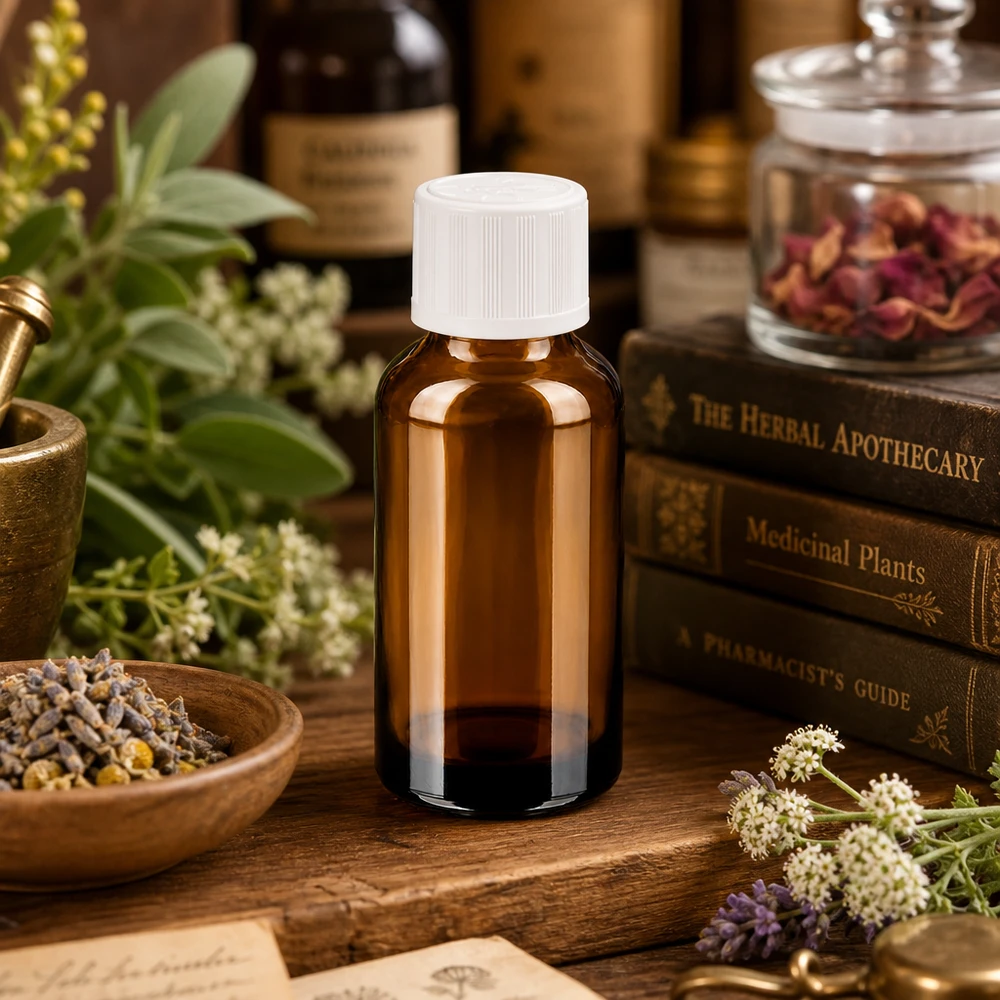 30 ml szklana butelka BrownLine ze standardowym gwintem 11 mm i zabezpieczeniem przed kapaniem dla farmacji ziołowej