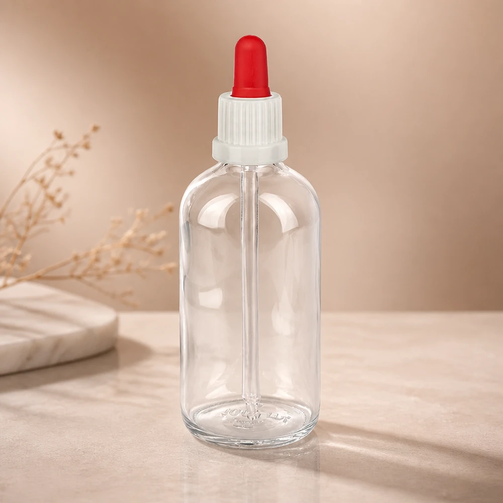 Butelka z zakraplaczem ClearLine 100 ml, przezroczyste szkło, z czerwoną gumową kulką i długą szklaną pipetą UT18