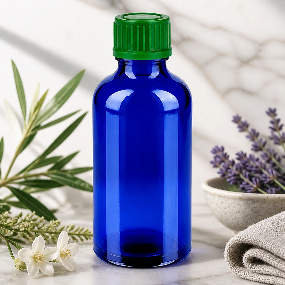 Butelka 50 ml 11 mm SV zielony STD BlueLine UT18/50 50 ml zakręcana butelka z otworem 11 mm z niebieskiego szkła do precyzyjnego dozowania olejków eterycznych