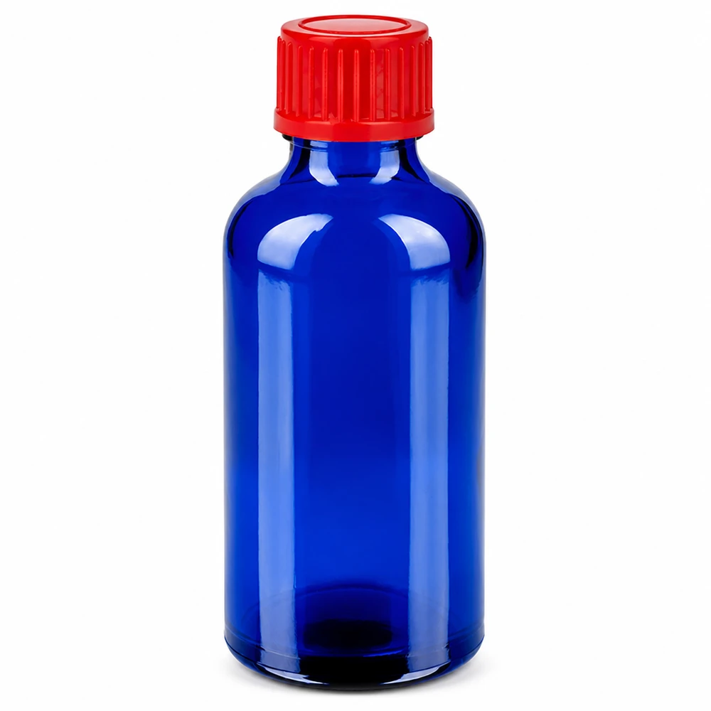 Butelka z niebieskiego szkła o pojemności 50 ml z czerwoną zakrętką 11 mm SV BlueLine UT18/50