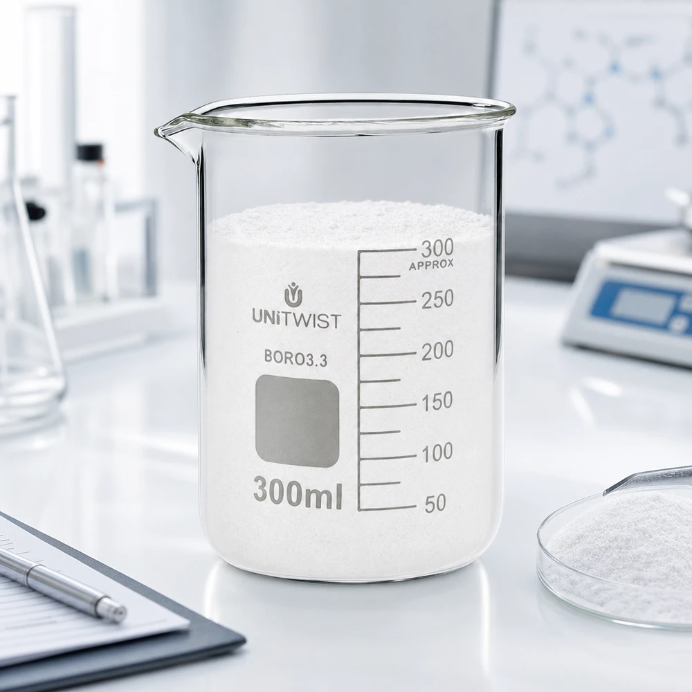 Zlewka 300 ml borokrzemianowa, niski kształt UNiTWIST Szklanka UNiTWIST o pojemności 300 ml wypełniona białym proszkiem, stojąca na stole laboratoryjnym z wagą