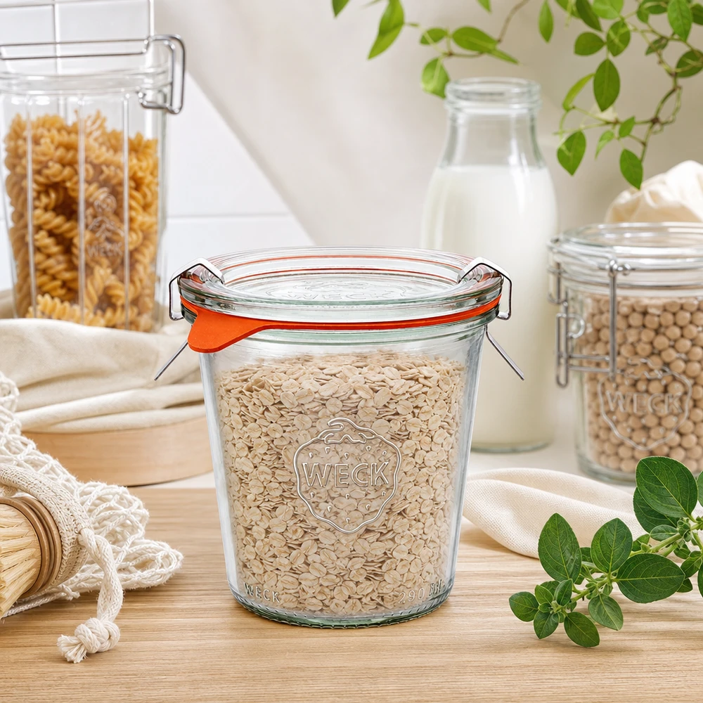 Kubki WECK 290ml RR80 wypełnione płatkami owsianymi w naturalnej scenerii kuchennej z drewnianą powierzchnią i zielonymi roślinami