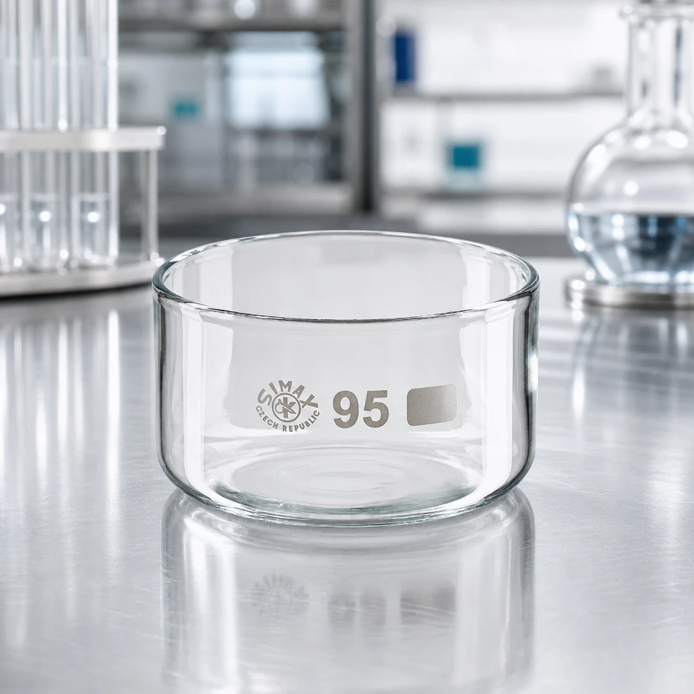 Miska do krystalizacji 300 ml Simax, szkło borokrzemowe, stal nierdzewna, stołowa, laboratoryjna, o okrągłym kształcie i płaskim dnie