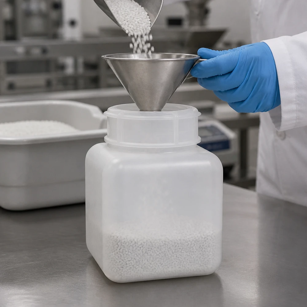 Butelka na chemikalia 500 ml z polietylenu HD (PE-HD), z szeroką szyjką, w naturalnym kolorze, o kwadratowym kształcie, przeznaczona do bezpiecznego przechowywania materiałów sypkich
