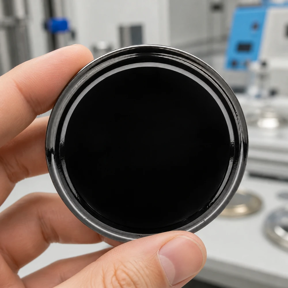 Ręka trzyma czarną pokrywkę TO82 BasicSeal o średnicy 82 mm z zamknięciem UNiTWIST na tle laboratorium