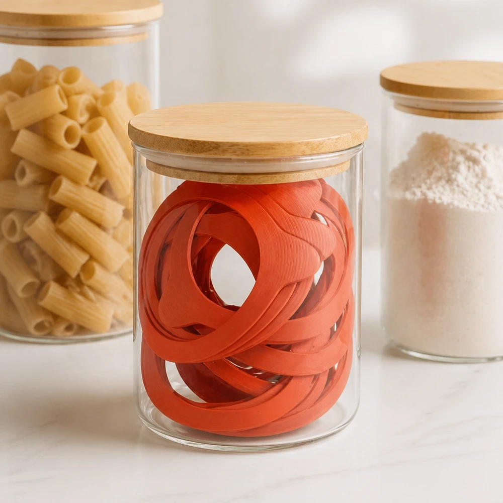 Pierścień uszczelniający z naturalnego kauczuku RR80 Orangefarbene Einkochringe RR80 in stylischem Glasvorratsgefäß mit Holzdeckel neben Pasta und Mehl in moderner Küche