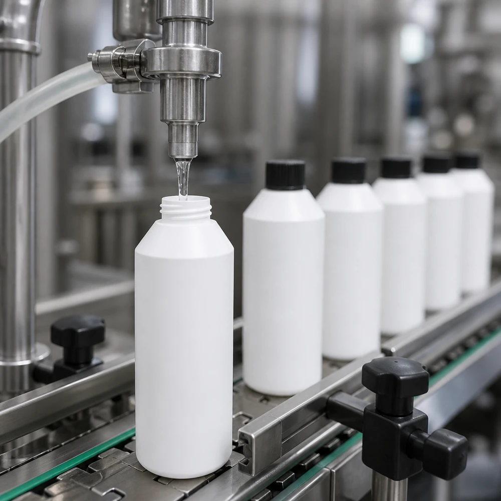 Automatyczne napełnianie białych butelek aptecznych z HDPE o pojemności 250 ml z czarnymi zakrętkami na taśmie przenośnikowej