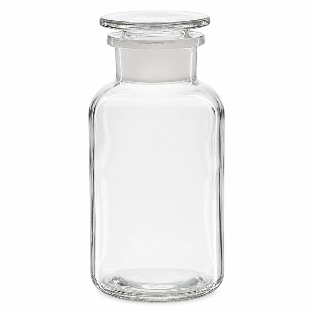 Okrągła butelka na ramię 500 ml przezroczysta szklana zatyczka z szeroką szyjką Butelka z zaokrąglonymi ramionami, 500 ml, przezroczysta, z szklanym korkiem, o szerokiej szyjce, przeznaczona do laboratoriów i aptek