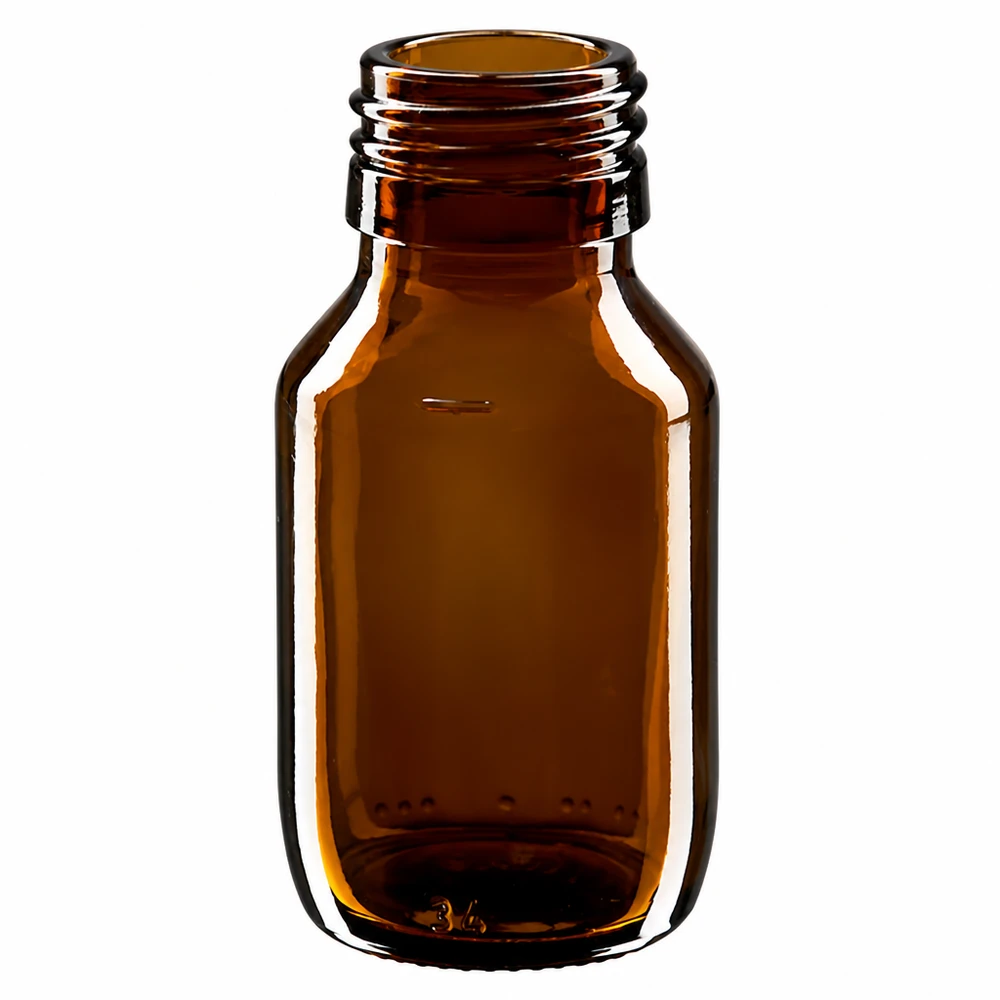 Butelka na leki 50ml brązowa, bez zakrętki PP28 ApoGlas. Farmaceutyczna jakość produkcji UE. Gwint 28 mm. (syrop, butelka z lekkiego szkła) Butelka na lek 50 ml brązowa wykonana ze szkła bez zakrętki PP28 ApoGlas do zastosowań farmaceutycznych