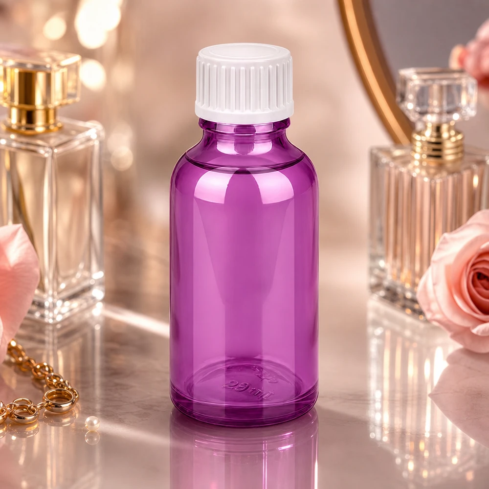 Butelka o pojemności 30 ml. Pierścień do nalewania 3 mm, biały Standard PurpleLine. UT18/30 Elegancki fioletowy szklany flakonik o pojemności 30 ml z rowkowaną zakrętką na perfumy i esencje