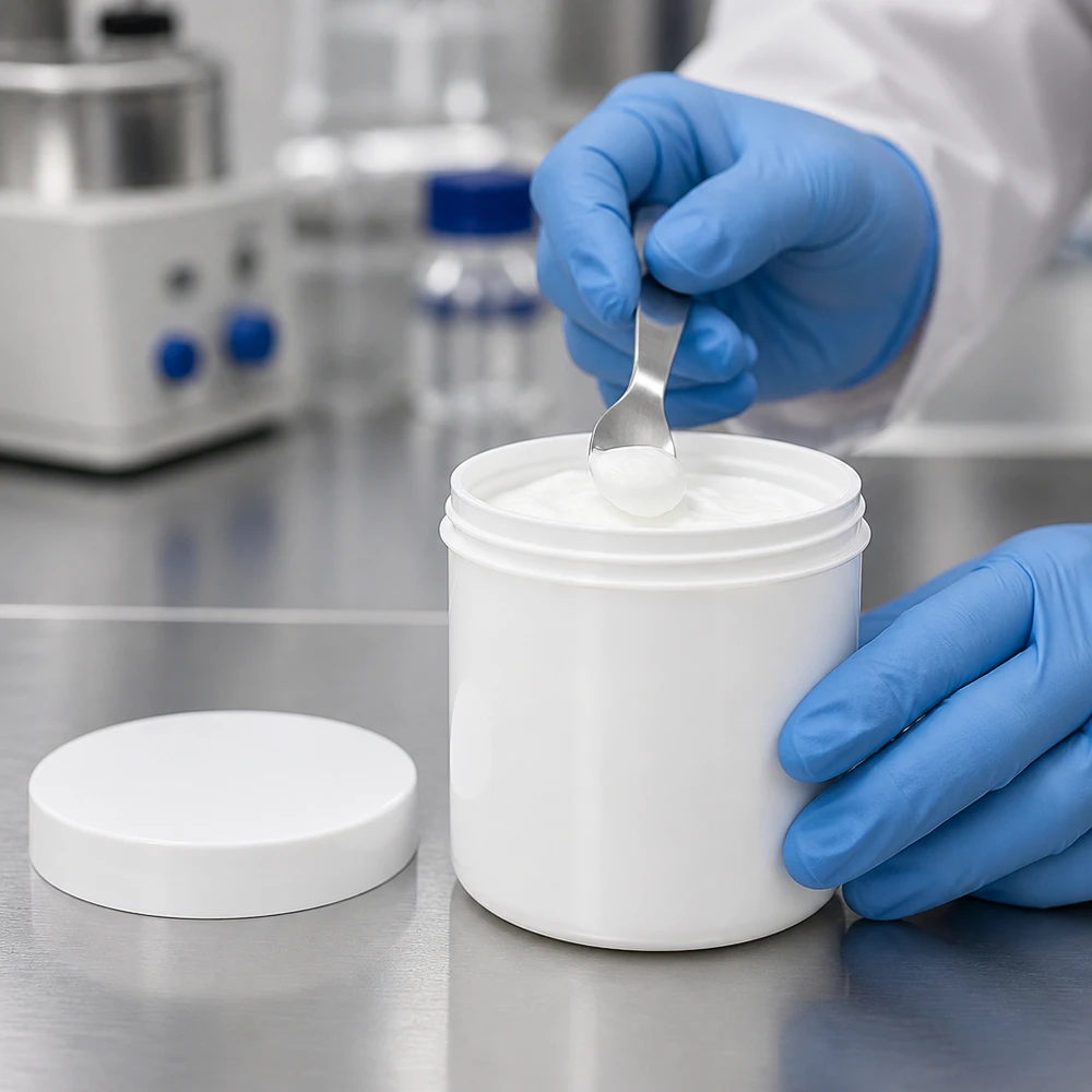 Biały słoik na maść o pojemności 200 g, wykonany z polipropylenu, z zakręcaną pokrywką, przeznaczony do stosowania w laboratorium farmaceutycznym