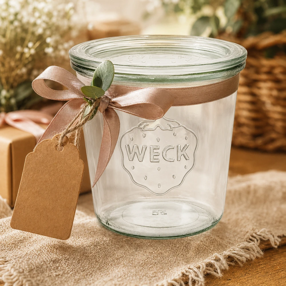Słoik o pojemności 580 ml z szklaną pokrywką WECK RR100 Kubki WECK 580ml RR100 ozdobione brązową kokardą i przywieszką jako pomysł na zapakowanie prezentu