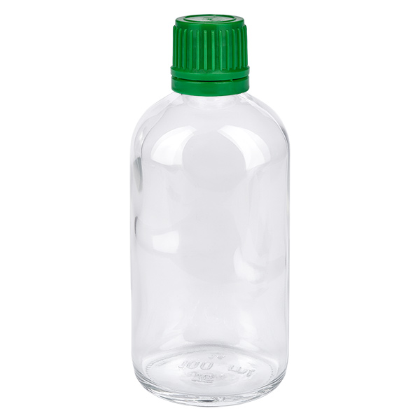 Butelka 100 ml 11 mm SV zielona OV ClearLine UT18/100 Butelka ze szkła przezroczystego o pojemności 100 ml z zieloną zakrętką 11 mm – butelka laboratoryjna ClearLine UT18