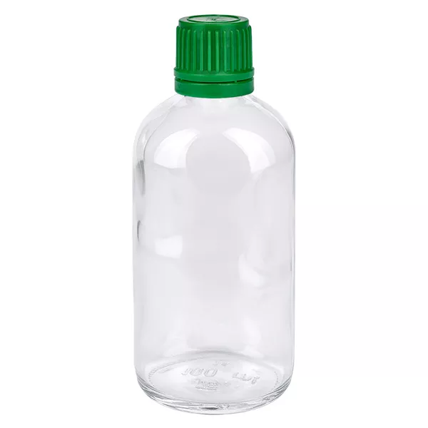 Butelka 100 ml 11 mm SV zielona OV ClearLine UT18/100 Butelka ze szkła przezroczystego o pojemności 100 ml z zieloną zakrętką 11 mm – butelka laboratoryjna ClearLine UT18