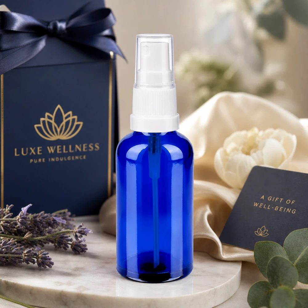 Butelka ze spryskiwaczem 50 ml biała/przezroczysta STD BlueLine UT18/50 Wysokiej jakości szklana butelka z rozpylaczem o pojemności 50 ml z ochroną UV dzięki niebieskiemu zabarwieniu dla substancji wrażliwych na światło
