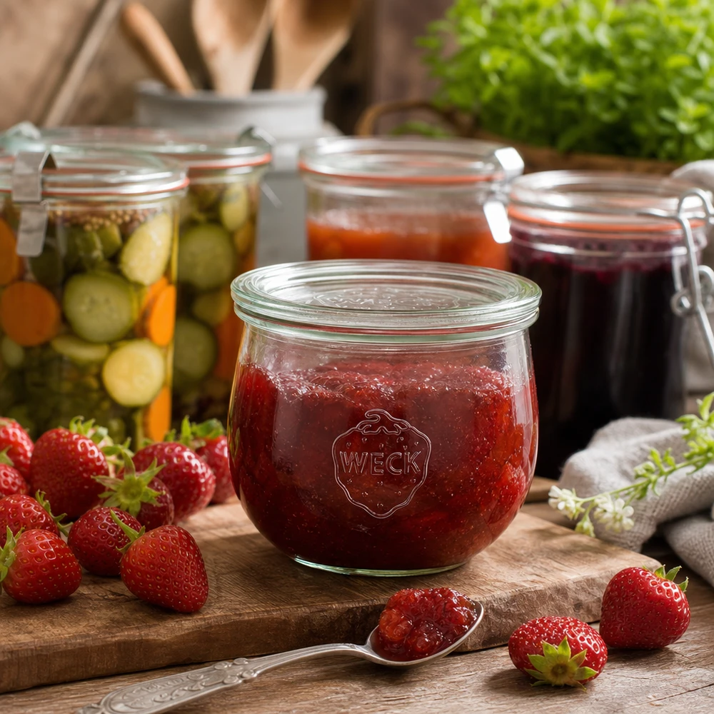 Słoik tulipan o pojemności 580 ml ze szklaną pokrywką WECK RR100 WECK tulipan słoik 580ml RR100 wypełniony dżemem truskawkowym obok świeżych truskawek i marynowanych warzyw na drewnianej desce