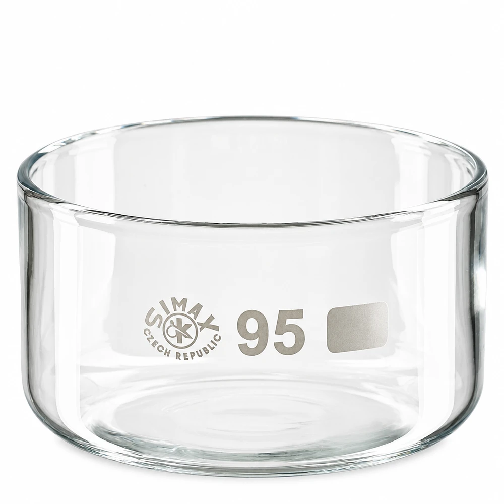 Naczynie do krystalizacji 300 ml bez dziobka Borokrzemianowe Miska do krystalizacji o pojemności 300 ml, wykonana ze szkła borokrzemowego, bez wylewki, przezroczysta, cylindryczna, o średnicy 95 mm