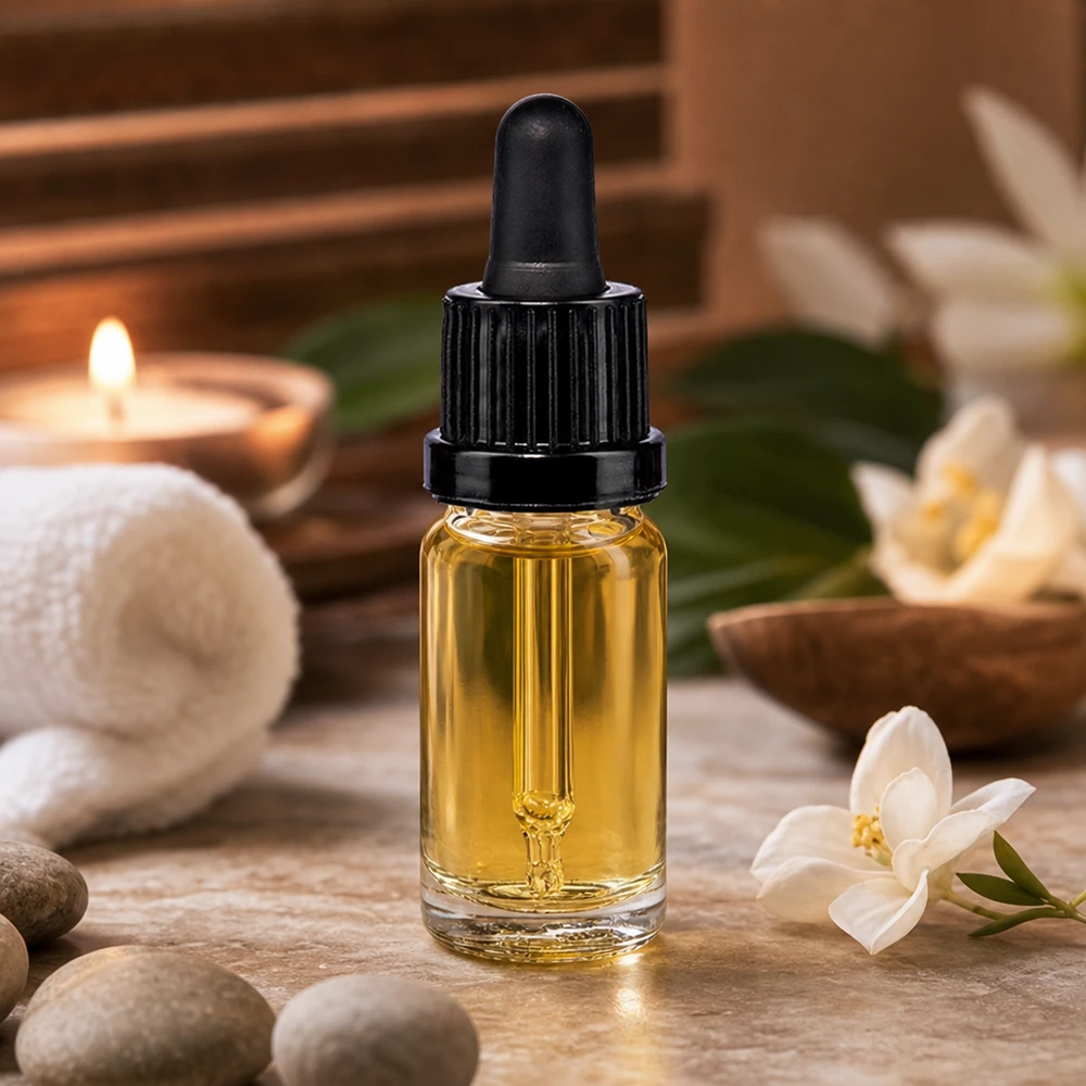 Butelka do leków płynnych 10 ml czarna OV ClearLine UT18/10 Szklana buteleczka o pojemności 10 ml z czarną zakrętką z pipetą i złotym olejkiem na tle naturalnego kamienia z białymi kwiatami