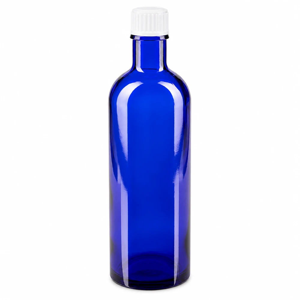 Niebieska szklana butelka apteczna o pojemności 200 ml z białą zakrętką