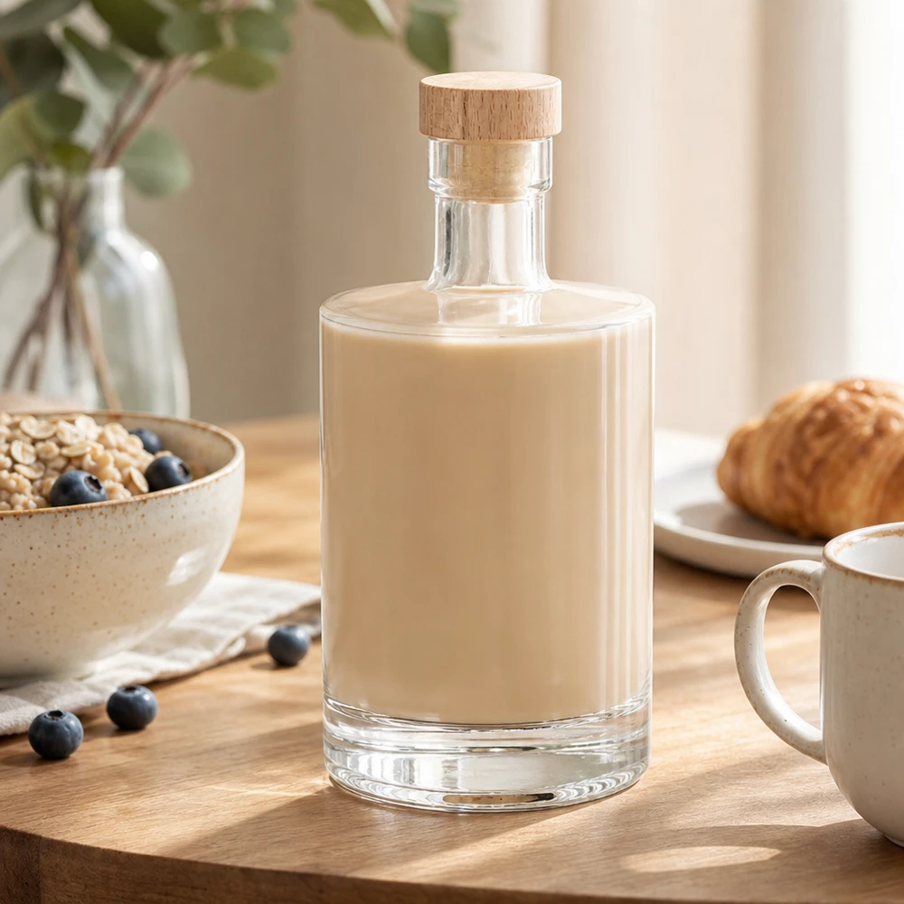 500ml szklana butelka Marie wypełniona kremowym likierem - drewniany korek UNiTWIST - sceneria stołu śniadaniowego z musli