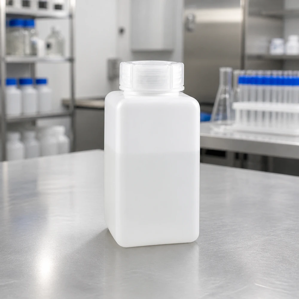 Butelka na chemikalia 1500 ml, szeroka szyjka z PE-HD, kolor naturalny Prostokątna butelka na chemikalia z PE-HD o pojemności 1500 ml, z szeroką szyjką, w kolorze naturalnym, na stole laboratoryjnym ze stali nierdzewnej