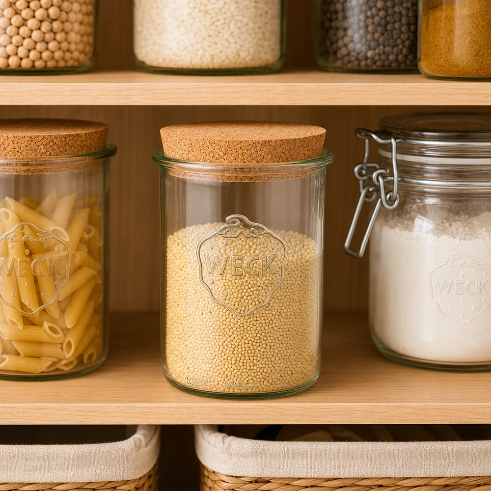 Tumbler 1000ml WECK RR100 z korkiem naturalny WECK Sturzglas RR100 1000ml mit Korkdeckel in organisierter Vorratsküche Pantry mit Getreide Pasta und Mehl