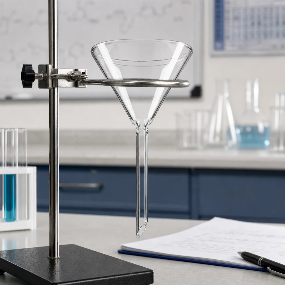 Precyzyjny szklany lejek z otworem 70 mm i krótkim uchwytem do dokładnego dozowania w laboratoriach i chemii.