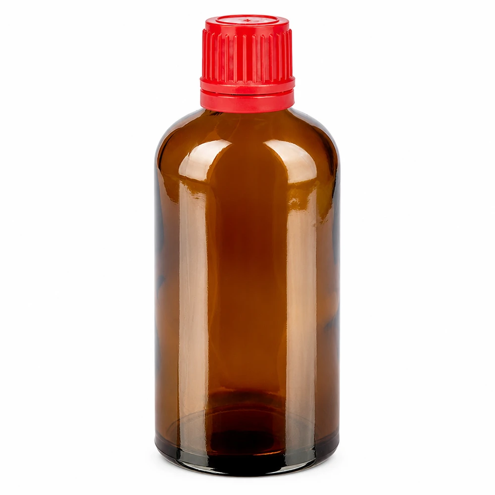 Butelka 100 ml 11 mm SV czerwony OV BrownLine UT18/100 Butelka z bursztynowego szkła o pojemności 100 ml z czerwoną nakrętką - farmaceutyczna jakość dla bezpiecznego przechowywania
