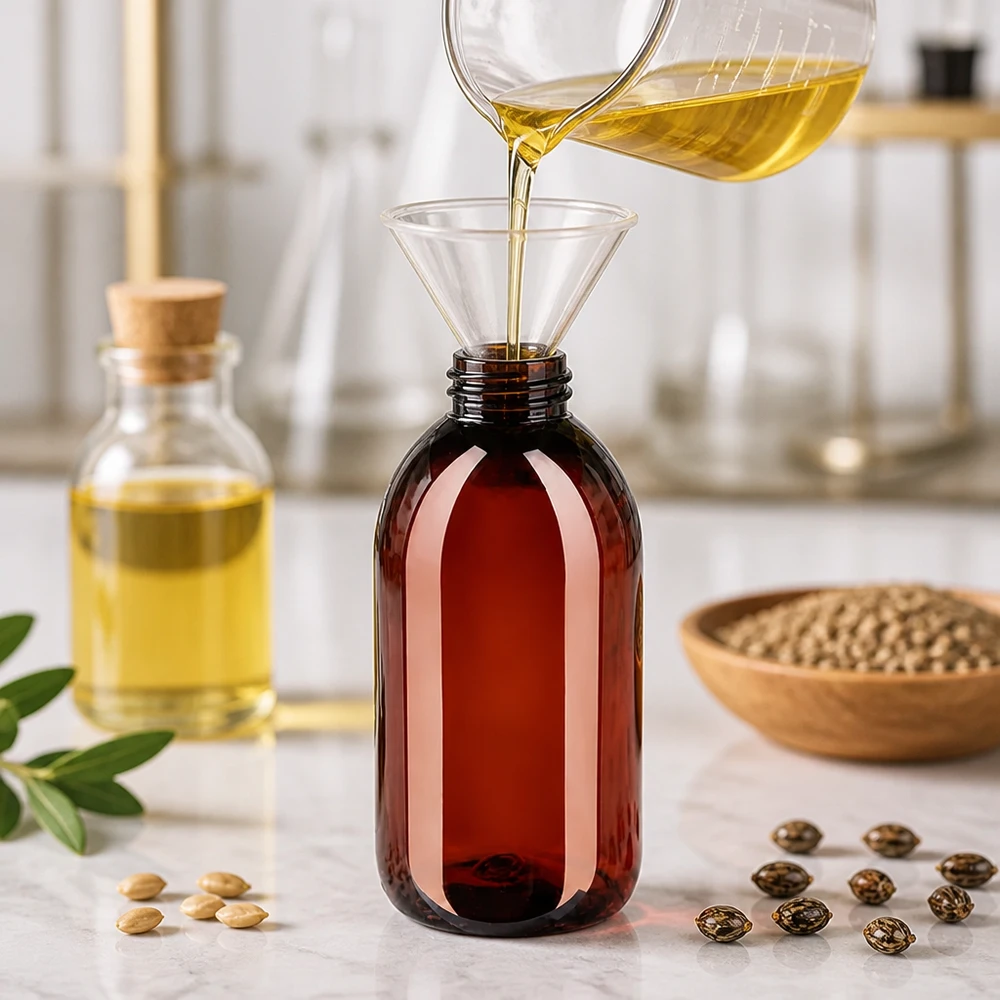 Butelka PET 250ml z zieloną nakrętką OV Napełnianie brązowej okrągłej butelki PET o pojemności 250 ml za pomocą lejka i miarki w warunkach laboratoryjnych