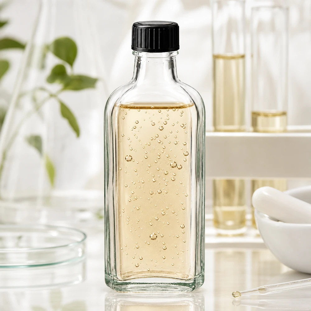 Prostokątna, przezroczysta szklana butelka marki Meplat o pojemności 100 ml, wypełniona serum z drobinkami i wyposażona w czarną zakrętkę