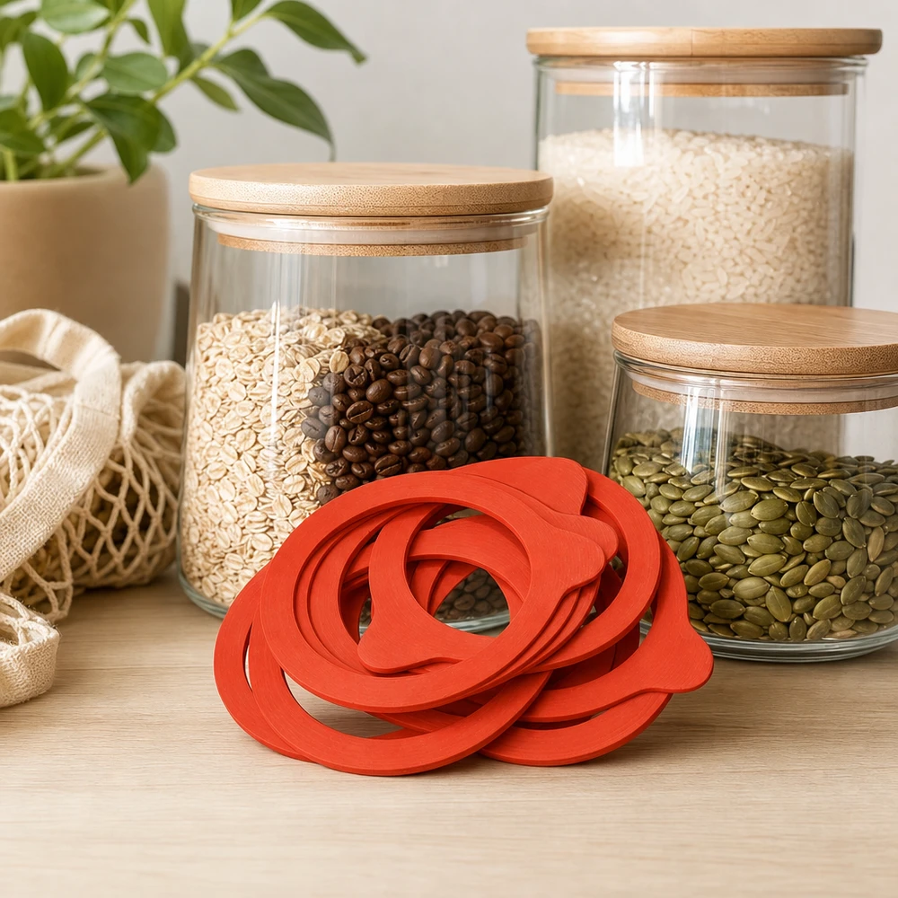 Pierścień uszczelniający z naturalnego kauczuku RR80 Einkochring RR80 Naturgummi rot in moderner Vorratsküche mit Vorratsgläsern Reis Kaffee Samen Mesh-Beutel