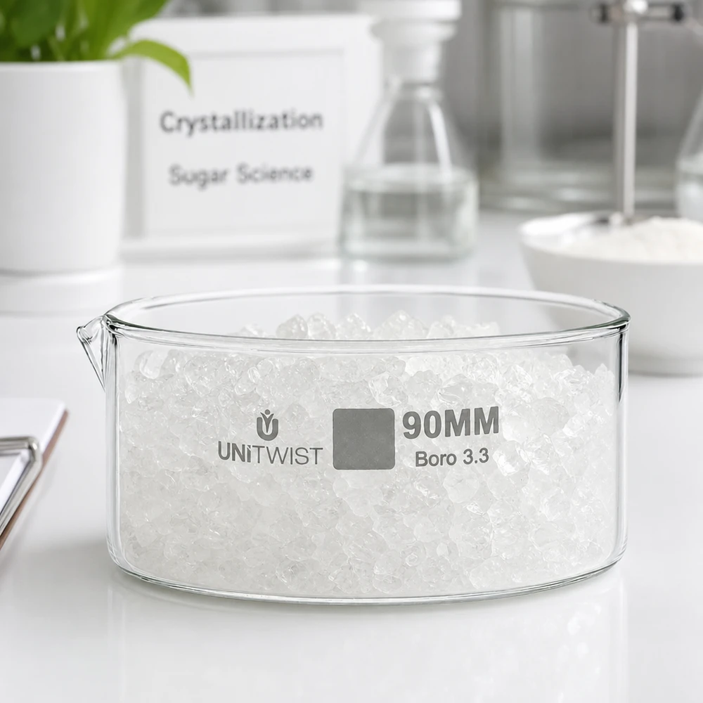 Naczynie krystalizacyjne ø90 mm ze szkła borokrzemowego UNiTWIST Miska do krystalizacji 90 mm UNiTWIST z białymi kryształkami cukru, szkło borokrzemowe, zastosowanie laboratoryjne