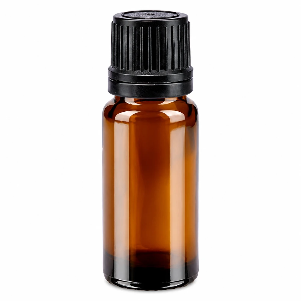 Butelka apteczna brązowa 10ml drip v. Pr. 1mm czarny OV Brązowa szklana buteleczka o pojemności 10 ml z czarnym zamknięciem typu OV i wkładem kroplowym o średnicy 1 mm, wykonana ze szkła aptecznego
