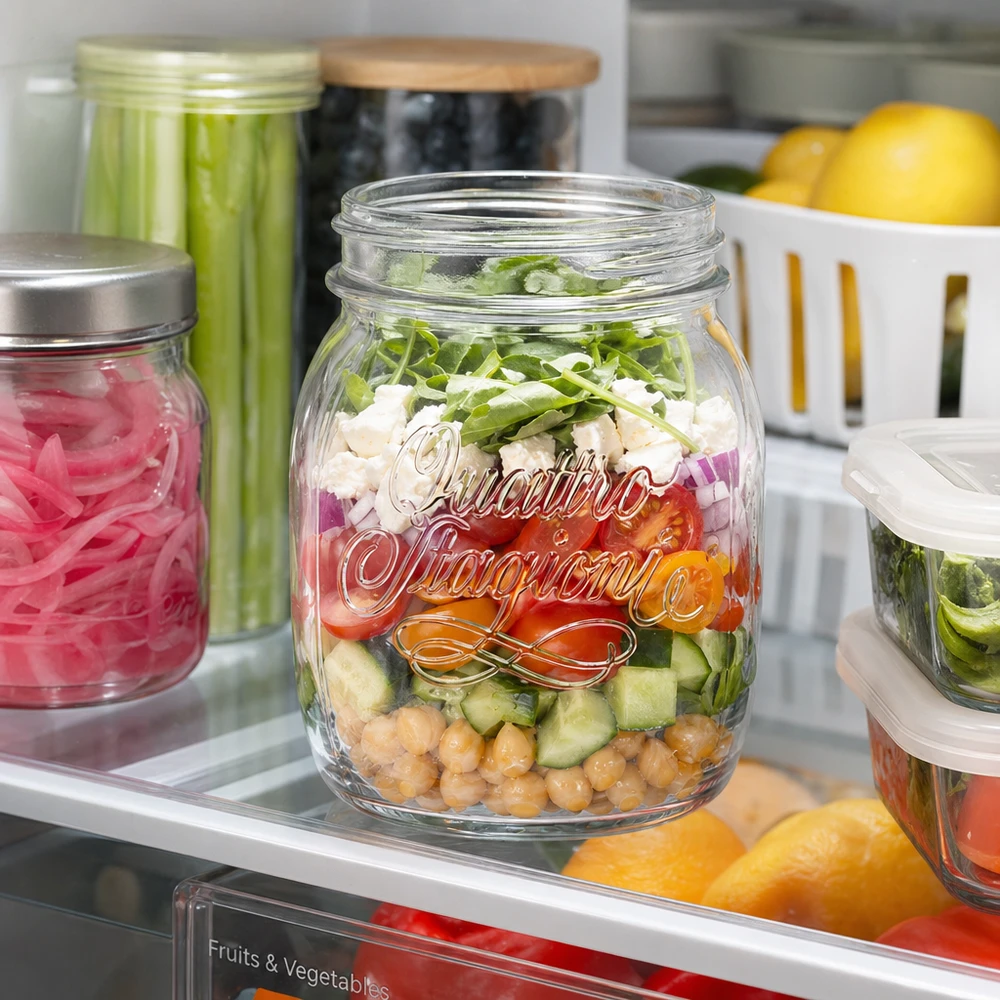 Szkło gospodarcze "Quattro Stagioni" o pojemności 700 ml Quattro Stagioni 700ml Haushaltsglas mit Schichtsalat im Kühlschrank - praktische Glasaufbewahrung für Meal Prep und Vor