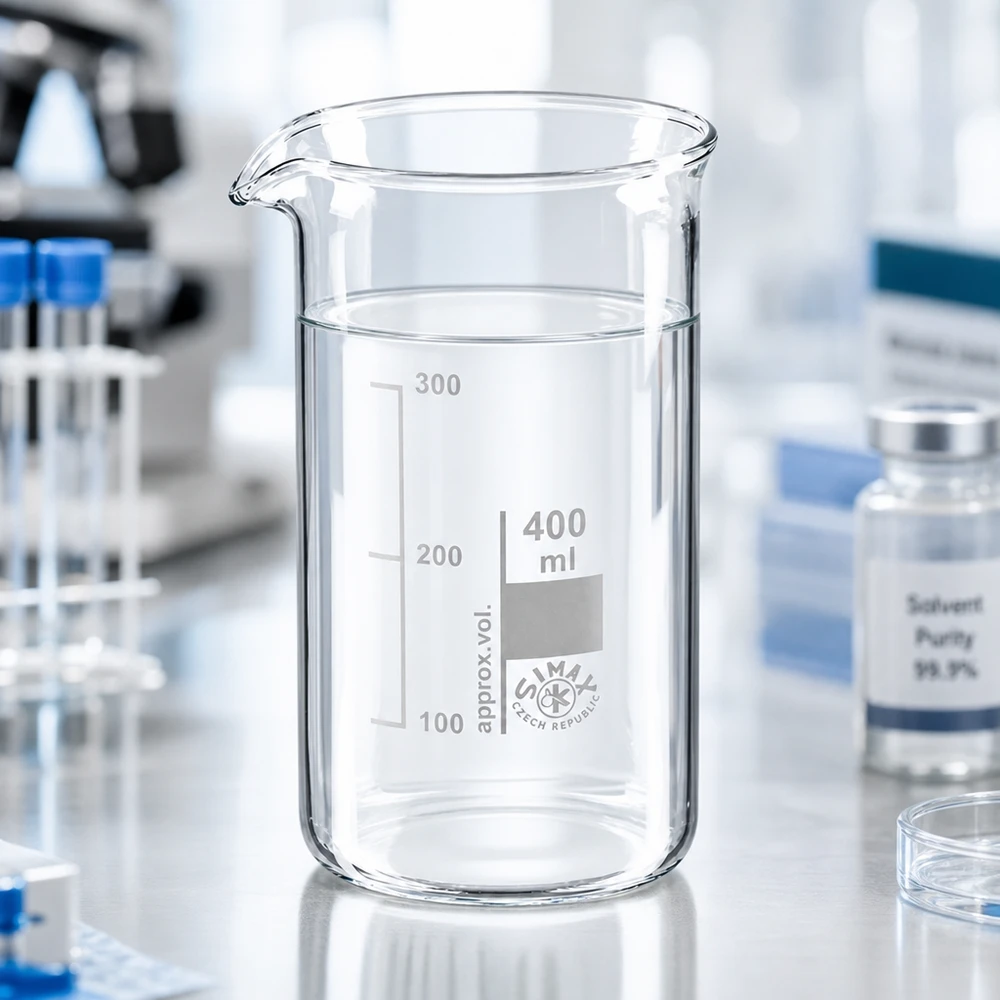 Przezroczysty szklany zlewek o pojemności 400 ml, wysoki, z nadrukowaną skalą mililitrową, na stole laboratoryjnym