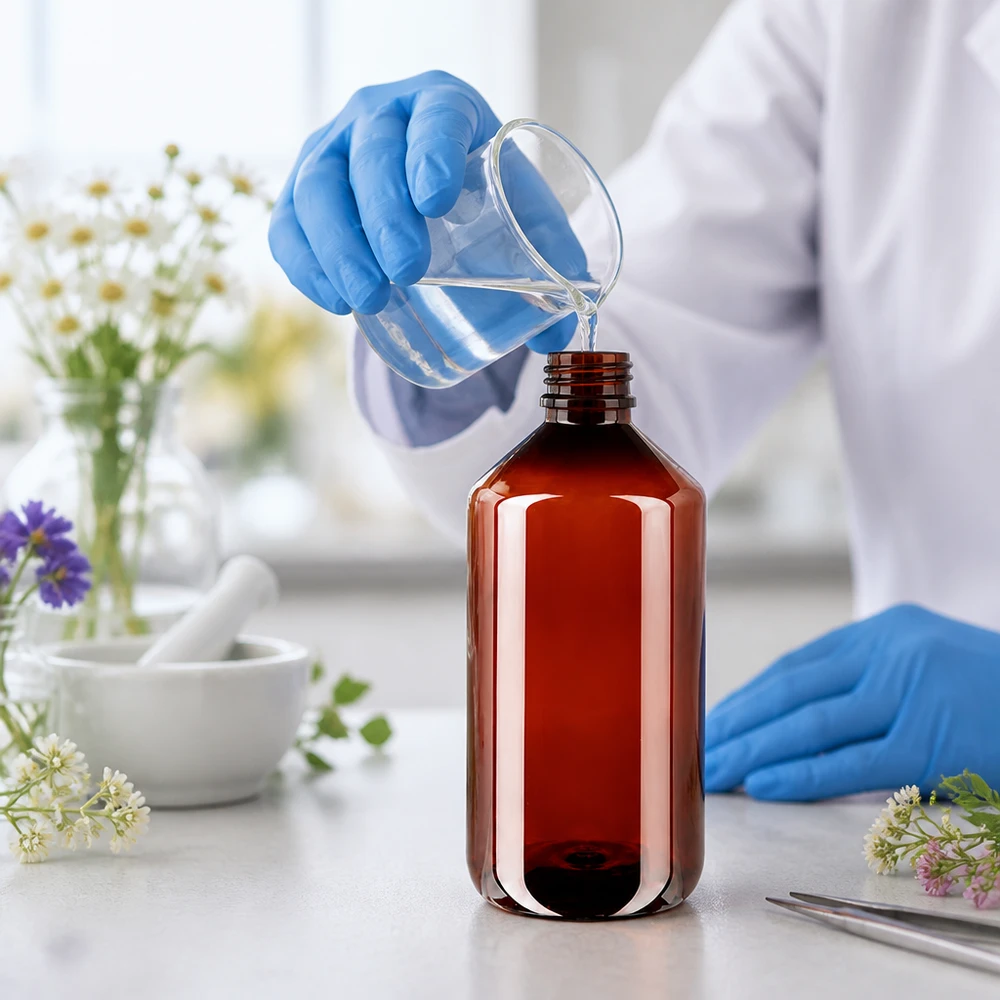 Butelka apteczna o pojemności 500 ml, wykonana z tworzywa PET, z niebieską nakrętką zabezpieczającą przed dziećmi