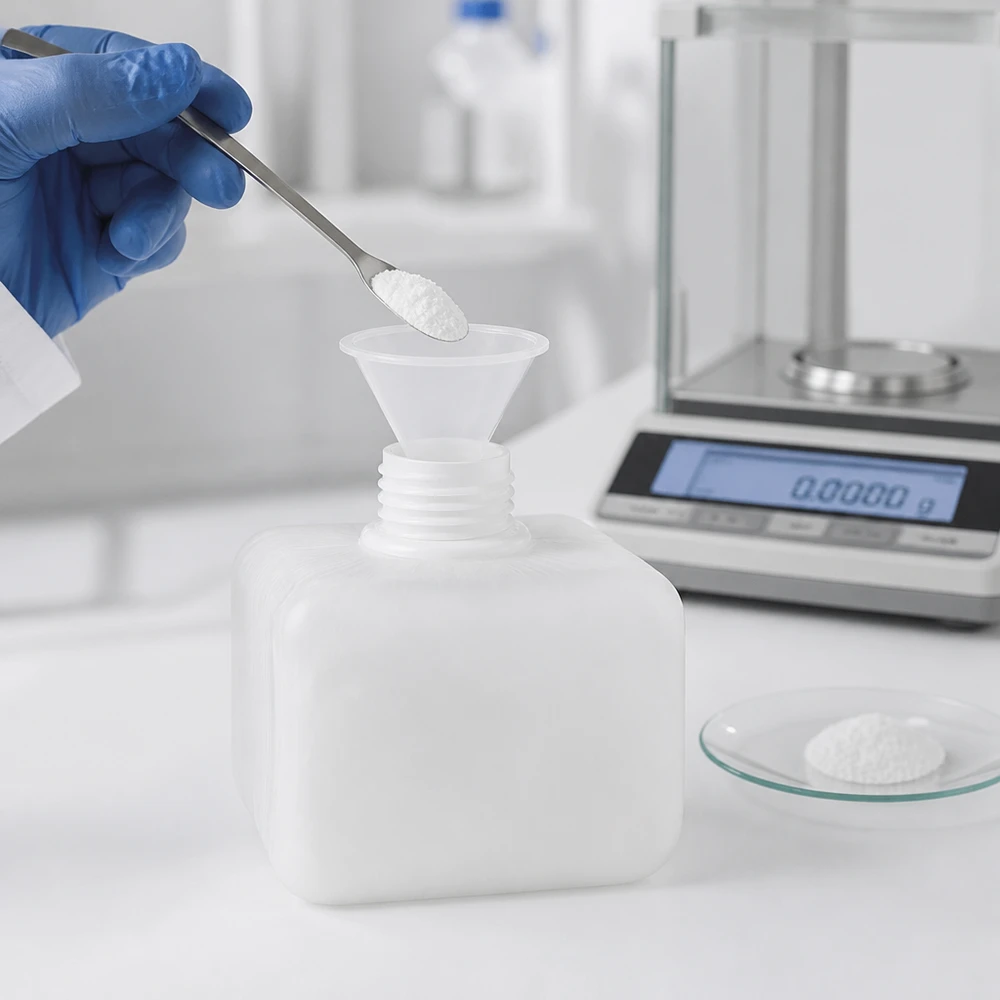 Laborant za pomocą szpatułki wsypuje biały proszek przez lejek do butelki na chemikalia z PE-HD o pojemności 250 ml i gwintem GL28
