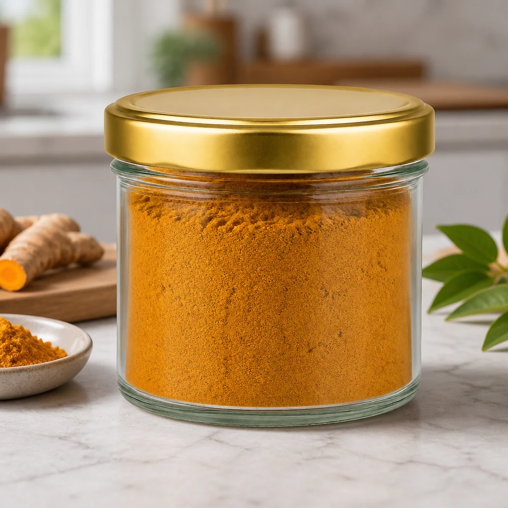 Słoik cylindryczny 230 ml ze złotą pokrywką BasicSeal wypełniony kurkumą w proszku Słoik na przyprawy Kitchen ambience
