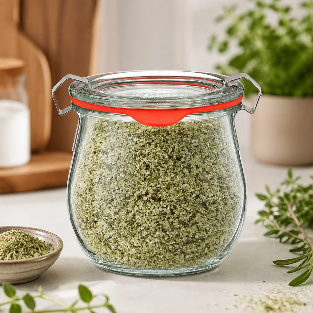 Pomysł na słoik na przyprawy: mini słoik tulipanowy WECK 220 ml Słoik WECK w kształcie tulipana o pojemności 220 ml, wypełniony zieloną solą ziołową; słoik z klipsem i pomarańczową gumką; dekoracja kuchenna