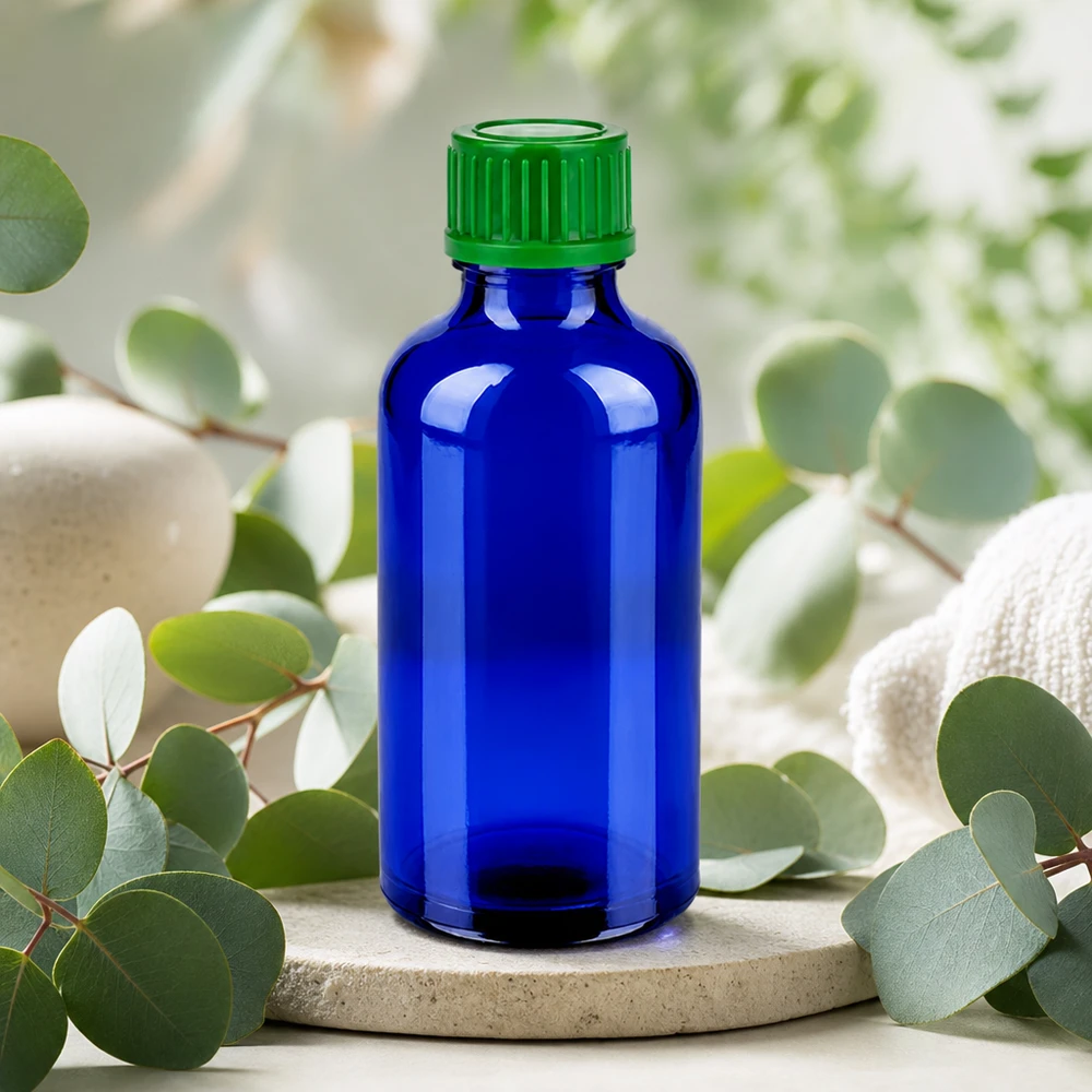 Butelka 50 ml 11 mm SV zielony STD BlueLine UT18/50 Wysokiej jakości butelka ze szkła kobaltowego o pojemności 50 ml z zieloną zakrętką do profesjonalnych produktów kosmetycznych