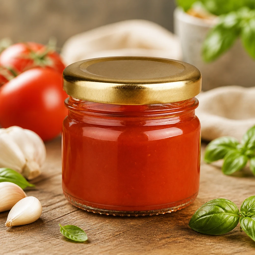 Sos pomidorowy w okrągłej szklanej butelce o pojemności 33 ml z złotą pokrywką BasicSeal obok świeżych pomidorów, bazylii i czosnku