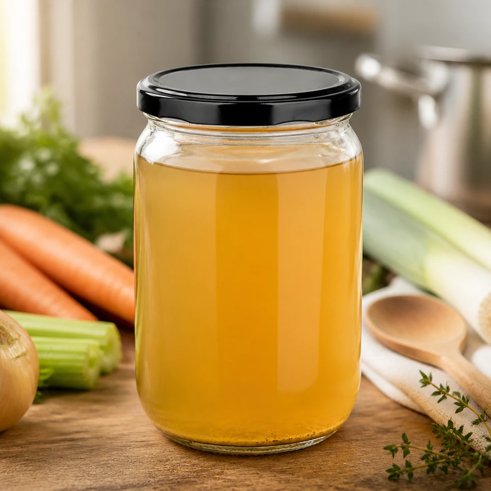 Okrągła butelka szklana o pojemności 555 ml + czarna pokrywka BasicSeal UNiTWIST Okrągły słoik UniTwist o pojemności 555 ml z czarną pokrywką BasicSeal, wypełniony złotym bulionem warzywnym