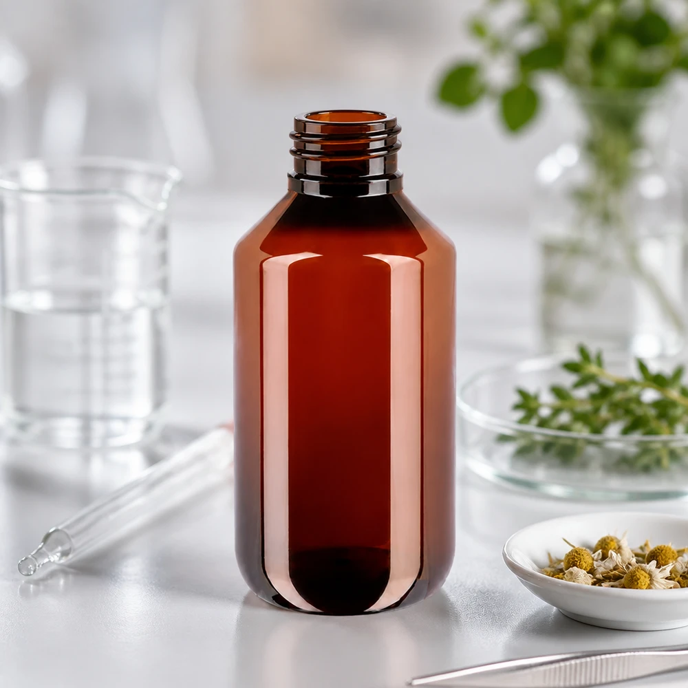 Mała okrągła butelka PET o pojemności 200 ml, w kolorze brązowym, z czerwonym zamknięciem odgazowującym, bez etykiety
