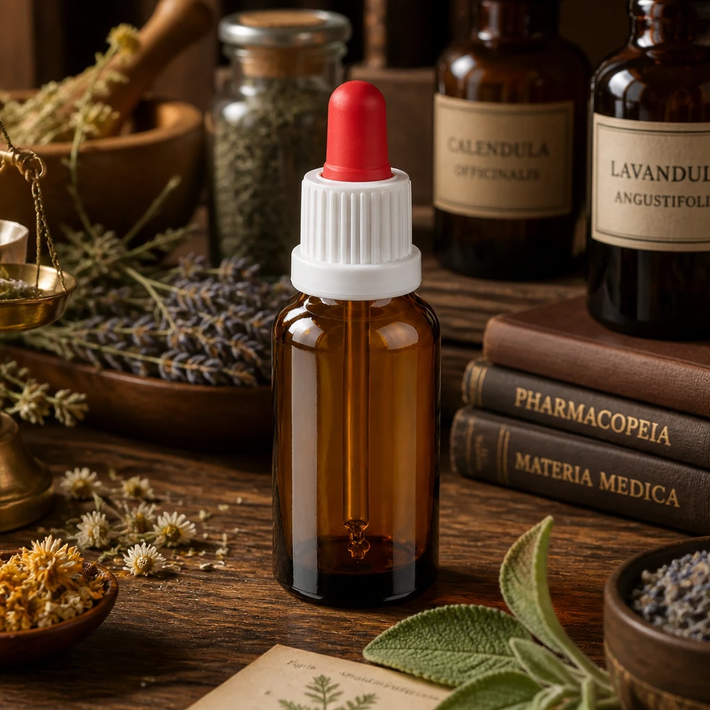Butelka do leków płynnych 20 ml, biała/czerwona OV BrownLine UT18/20 Wysokiej jakości butelka z pipetą BrownLine o pojemności 20 ml z ochroną UV i ergonomiczną biało-czerwoną zakrętką