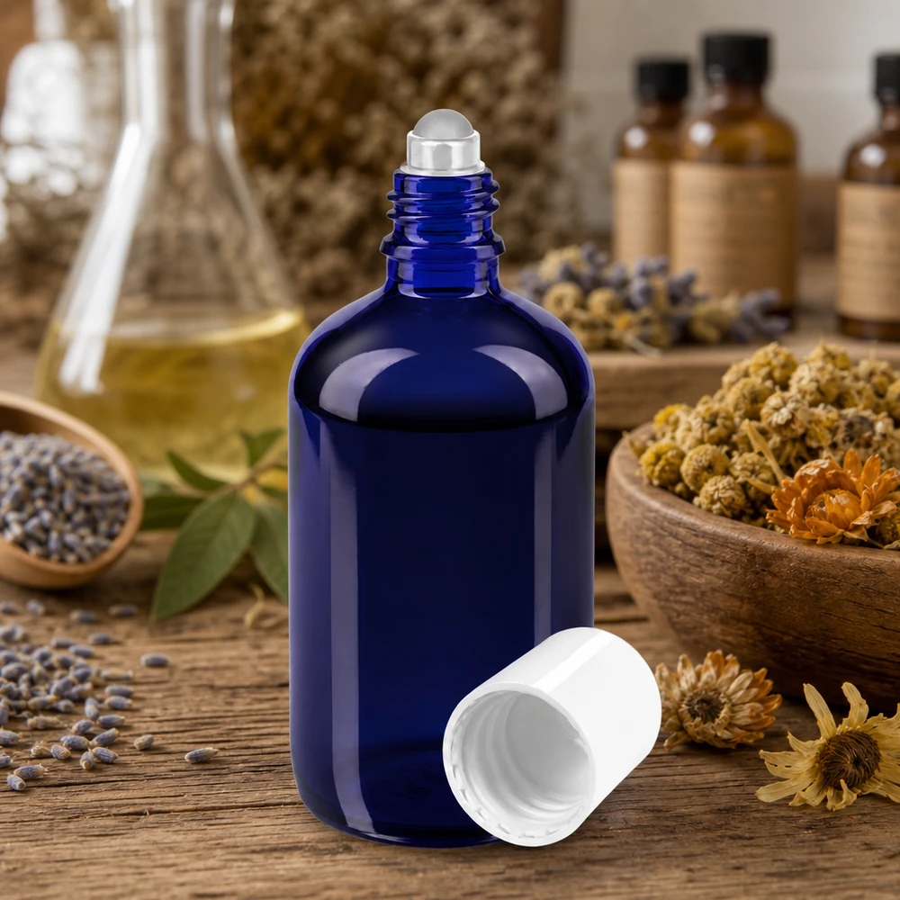 100 ml niebieska szklana buteleczka apteczna z aplikatorem rolkowym, z suszonymi ziołami i kwiatami w środku