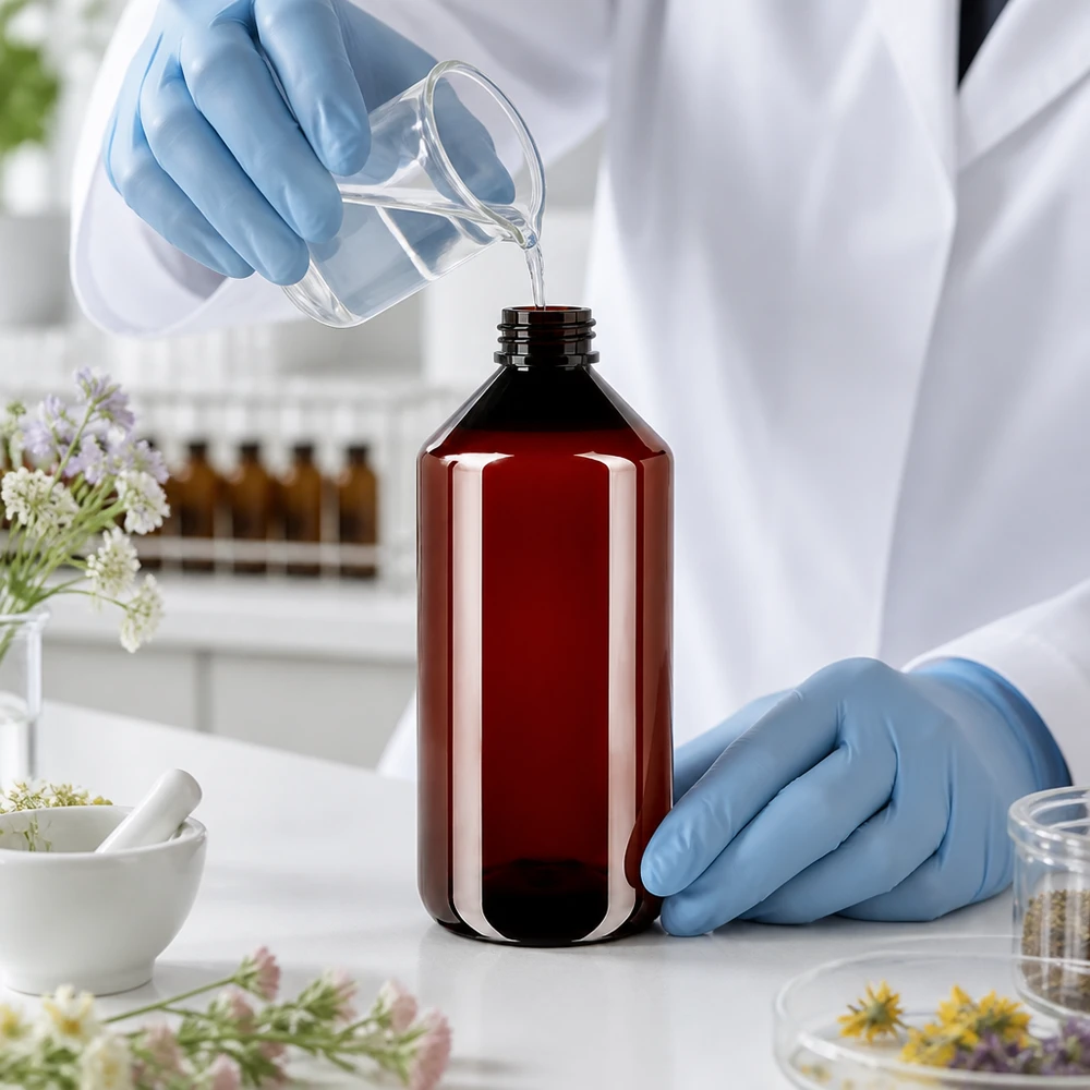 Technik laboratoryjny napełnia czerwoną butelkę PET o pojemności 750 ml z korkiem odgazowującym w laboratorium czystym