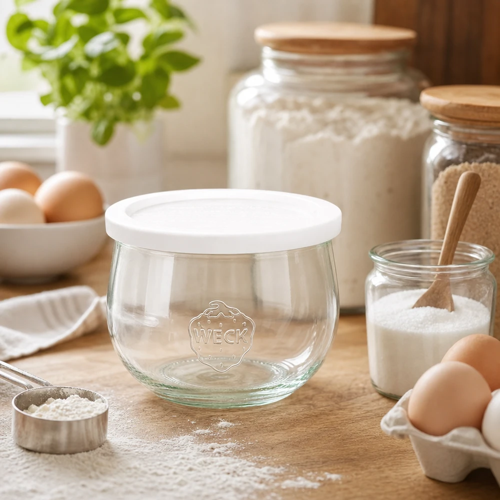 WECK tulipan słoik 580ml RR100 pusty z pokrywką świeżości w kuchni do pieczenia w otoczeniu mąki, jajek i składników do pieczenia