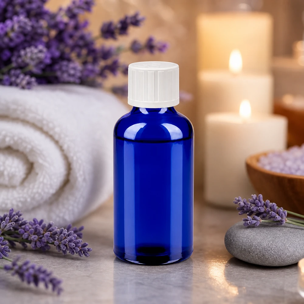 Butelka 50 ml 11 mm SV biała STD KiSi BlueLine UT18/50 Elegancka butelka 50 ml w kolorze kobaltowego błękitu z praktyczną zakrętką 11 mm do aromaterapii