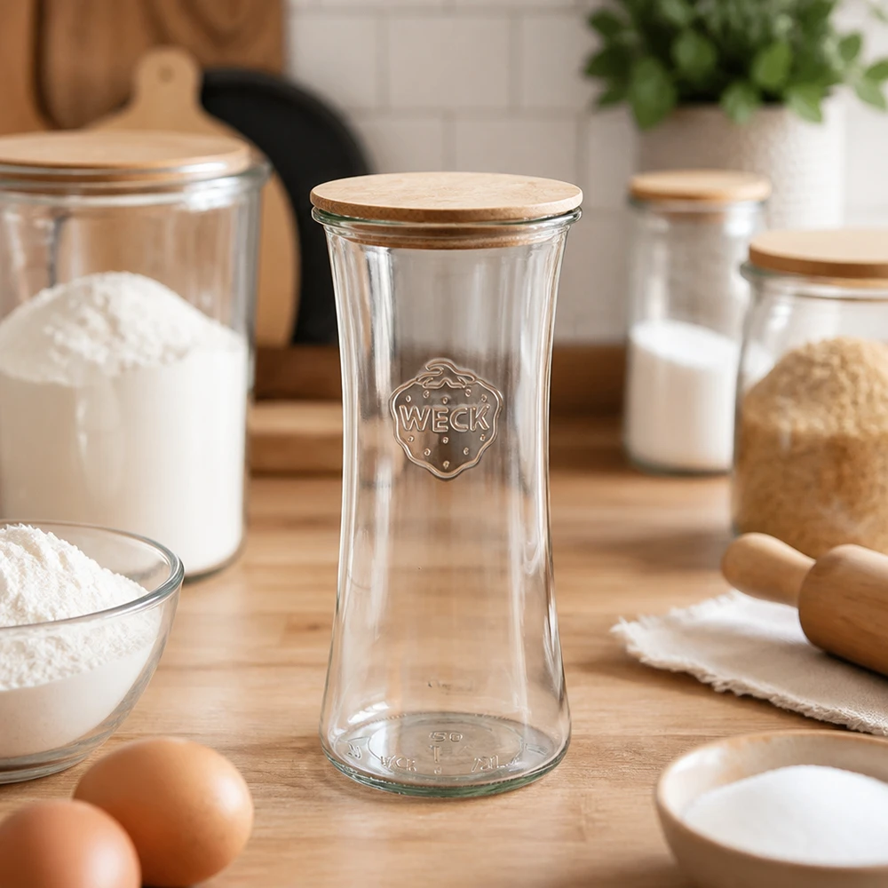 Słoik delikatesowy 700ml WECK RR80 z drewnianą pokrywką WECK słoik delikatesowy 700ml RR80 pusty z bambusową pokrywką w kuchni w otoczeniu składników do pieczenia mąka jajka słoiki do przechowywania